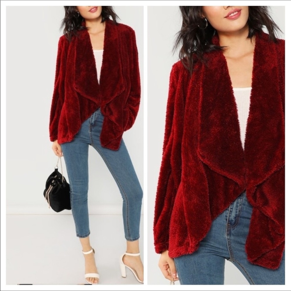 Plush Open-Front Red Faux-Fur Sweater